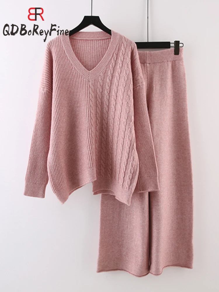 Autumn Winter Knitted Women\'s Tracksuit Casual Wide Leg Long Pants V-Neck Sweater Thick Warm Two Piece Sets Womens Outifits New