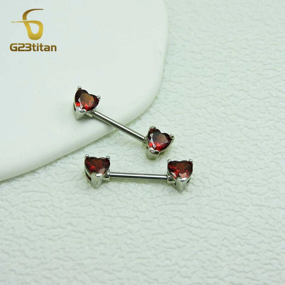 G23titan 2pcs Double Heart Zircon Nipple Rings 14G Titanium Or Steel Barbell Women Nipple Piercing Summer Jewelry Sexy Accessory