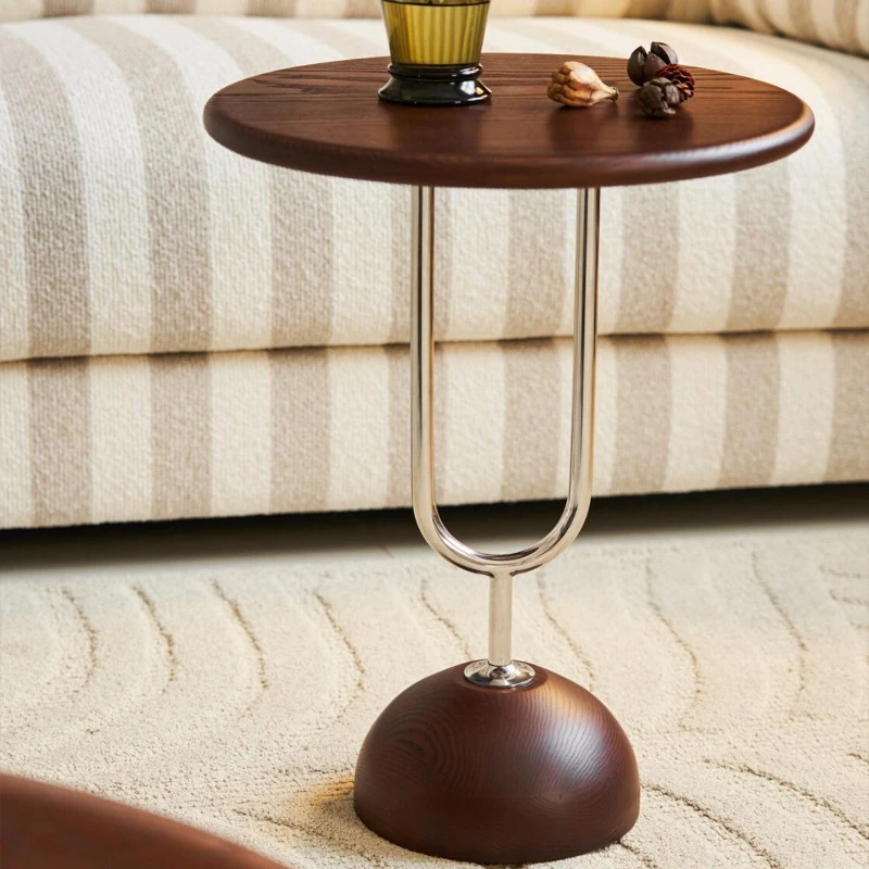 French Retro Solid Wood Coffee Table with Stainless Steel Edge Small Balcony Light Luxury Bedside