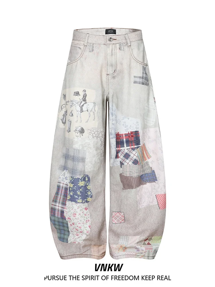 

Retro American 3D fiti Print Loose Wide Leg Jeans ex Street Sle Casual Bend Knife Long Pants Youth Faion Cotton