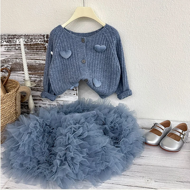 

Корейский детский трикотаж в стиле сердца в стиле деко, модные тюлевые балетные полуюбки, комплект из 2 предметов, осенне-зимний комплект одежды для девочек