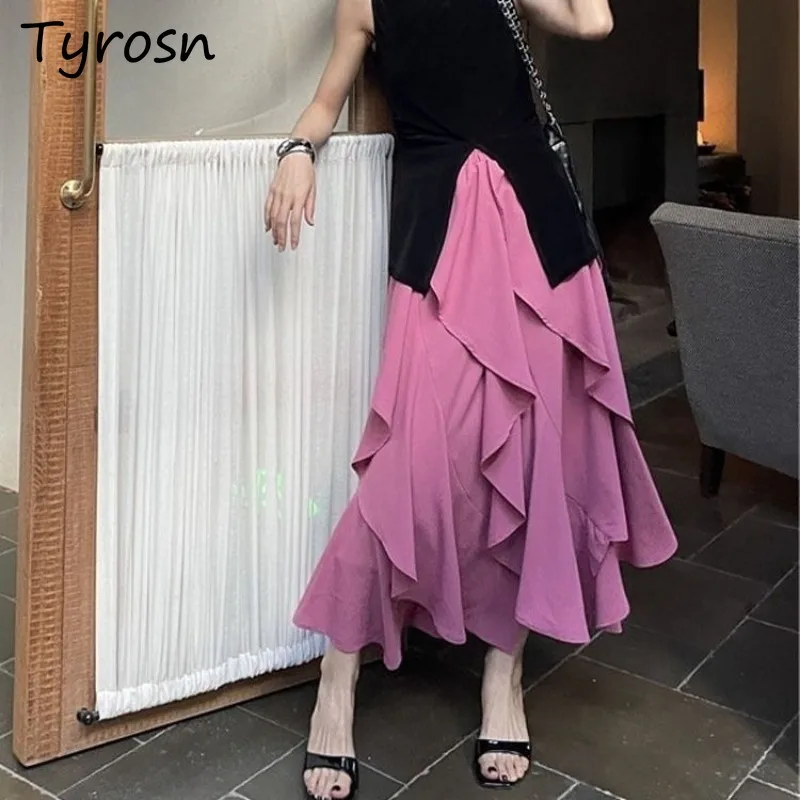 

Irregular Ruffles Summer Skirts Women Solid Temperament Design Elegant Korean Style Elastic Waist A-line Streetwear Fashion New