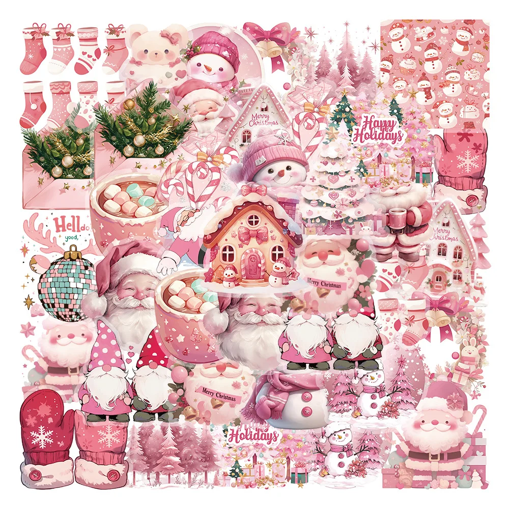 

50pcs PET Pink Christmas Stickers Ins Style High Beauty Santa Claus Festival Personalized Decoration DIY Bookkeeping Stickers