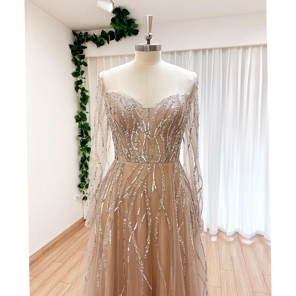 Luxury Dubai Wedding Evening Dresses for Women 2023 Elegant Sweetheart Long Sleeves Aline Beads Arabic Formal Prom Party Gowns