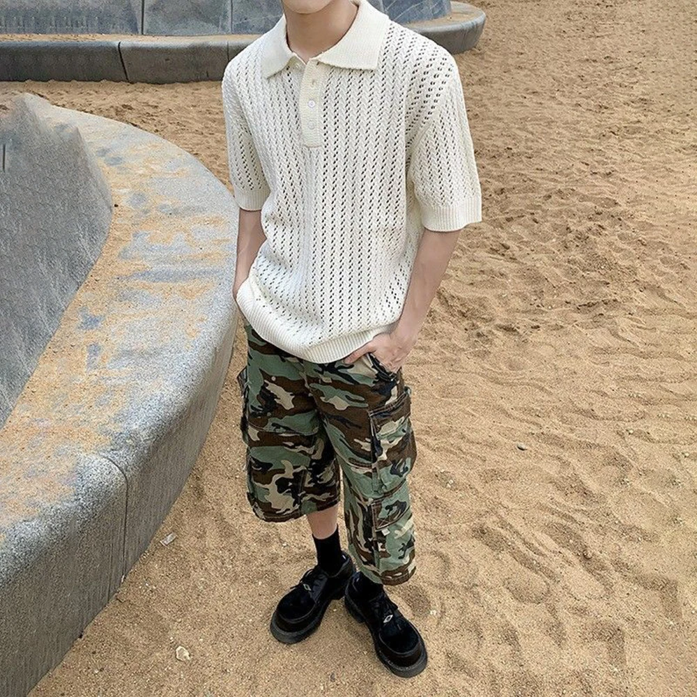 Sweater pria Hollow kasual Polo Sweater musim panas Streetwear Fashion pemuda kampus atasan lengan pendek uang tua pakaian pria 2025 baru