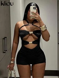 Kliou Shirring Women Mini Sexy & Club salopette corta Halter Bandage scollatura Solid Hollow Out pagliaccetti Mujer abbigliamento da festa attraente