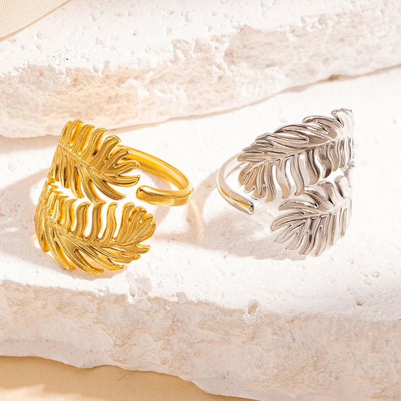 ANENJERY Stainless Steel Leaf Feather Butterfly Open Ring for Women Simple Personality Jewelry Gifts Wholesale