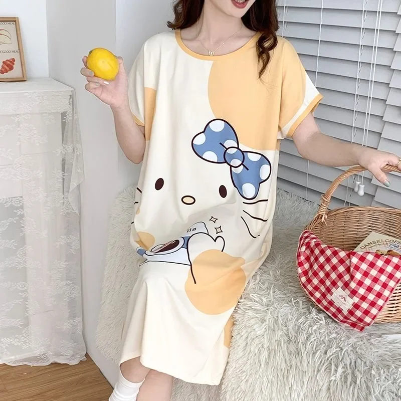 サンリオパジャマ女性の夏の新しいライトイエローハローキティパジャマドレス薄い緩いカジュアルな大きいサイズの学生部屋着