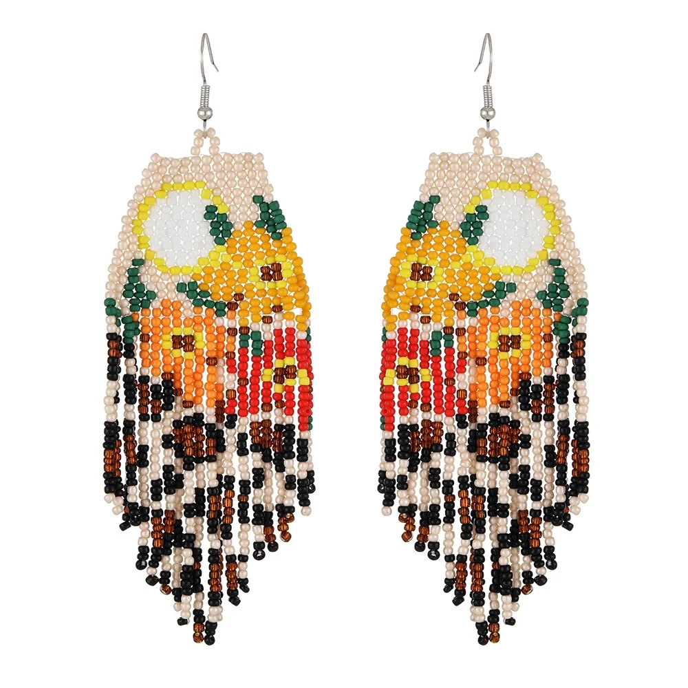 Rice bead earrings Tassel Versatile Sanduo Sunflower Design Hand knitting Bohemia Alloy Fashion Simple Beaded earrings