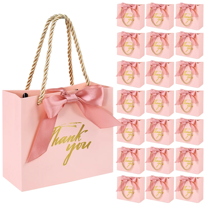 

50/20Pcs Thank You Gift Bags Wedding Favors for guests Pink Cookie Candy Box with Handle Ribbons Birthday Party Decor Supplies