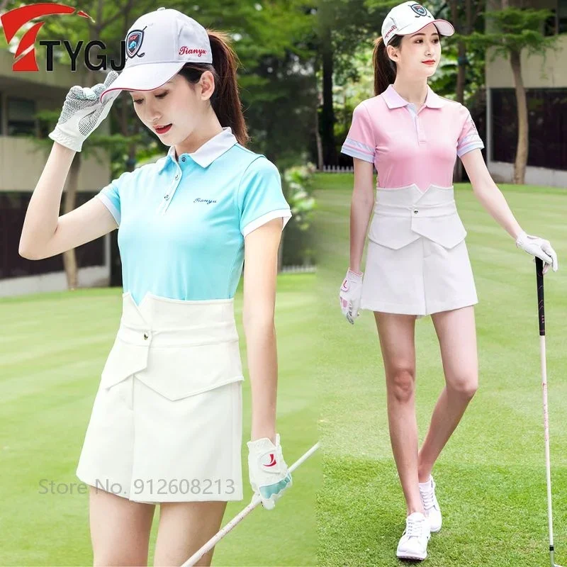 TTYGJ Women Fitness Golf Suit Ladies Slim Fit Short Sleeves Golf T-shirt Female High Waist Shorts Breathable Golfing Sets XS-XL