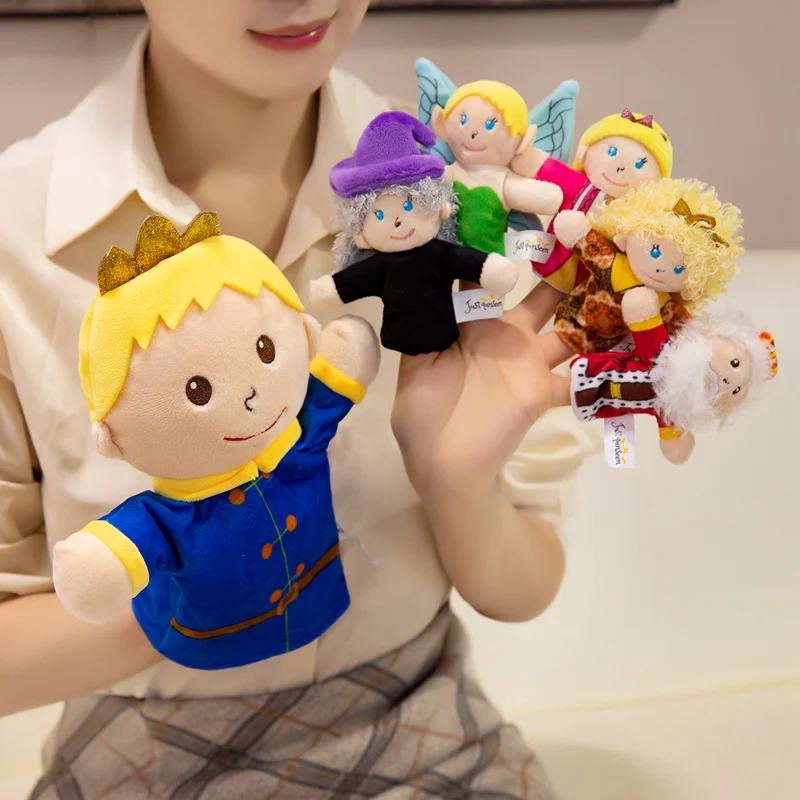 Hand Finger Fairy Tale Plush Puppets Cartoon Prince Princess King Queen Elf Witch Interactive Tell Story Small Plushie Gift
