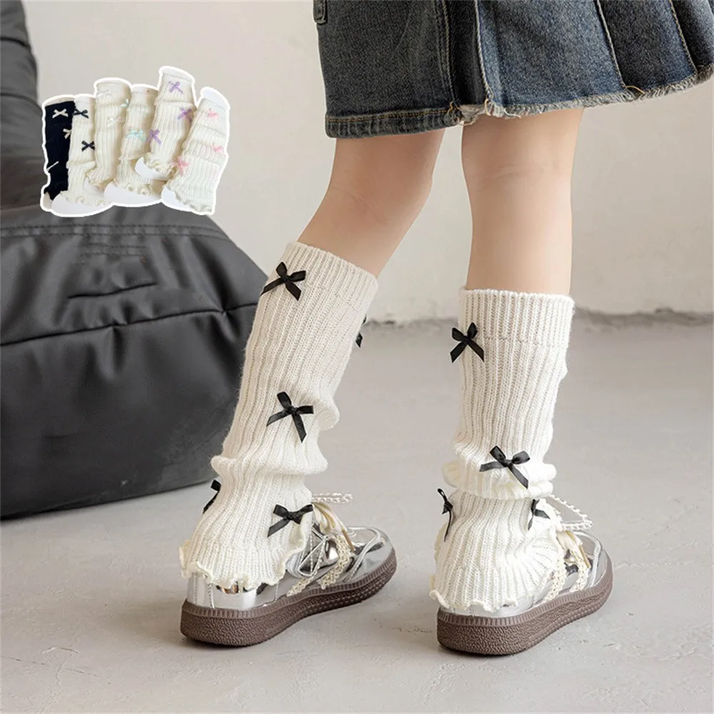 Girls Bowknot Leg Cover Boot Socks Winter Warm Cold-proof Soft Comfort Kids Knitted Knee Sleeves Children's Protective Equipment