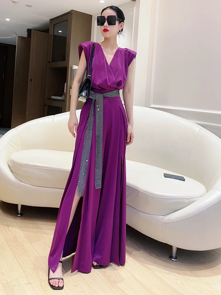 Mono de satén de acetato para mujer, pantalones de pierna ancha con adornos de diamantes, cintura alta, drapeado, diseño Original con cinturón, verano