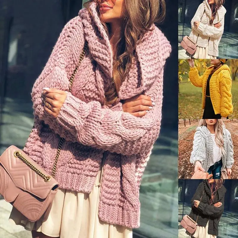 

Women's Knitted Cardigans Hooded Tops Long Sve Color Winter Faion Ladies Sweaters Open Front Sle