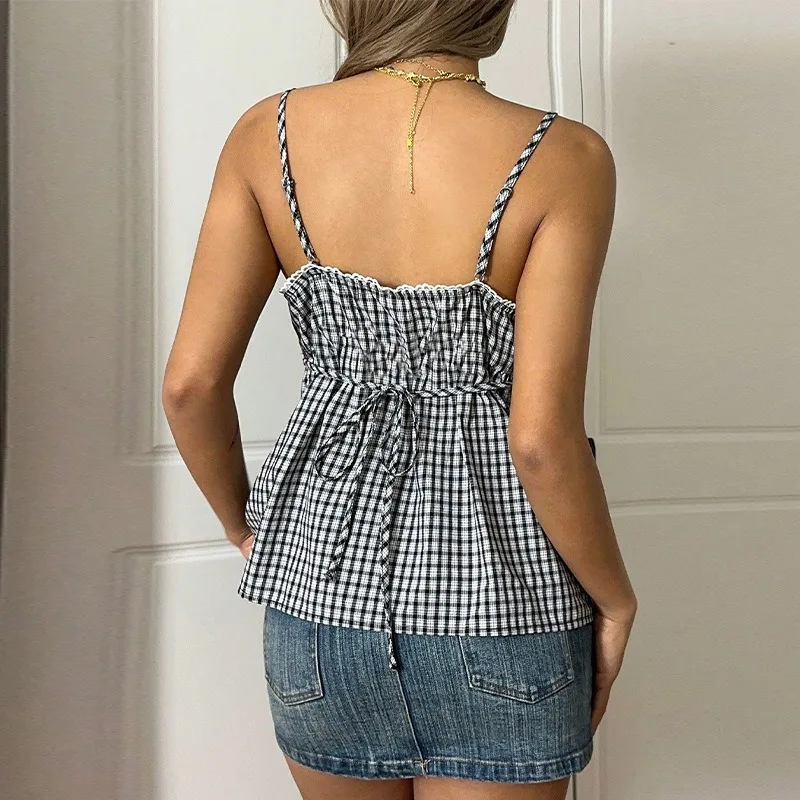 Femmes débardeur a-ligne col en V bretelles Plaid femme Camisole vichy sans manches froncé plissé t-shirt dames été femmes gilet t-shirt