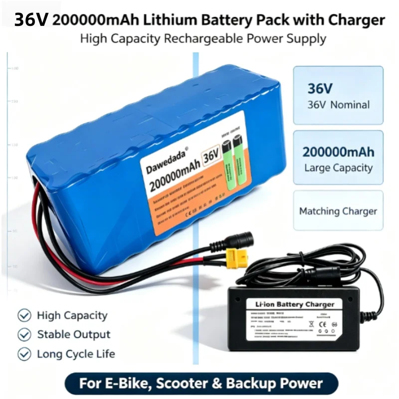 36V 200000mAh Lithium-Ionen-Akkupack mit Ladegerät, 18650 wiederaufladbarer Ersatzakku für Elektrofahrräder, Roller, Elektrowerkzeuge