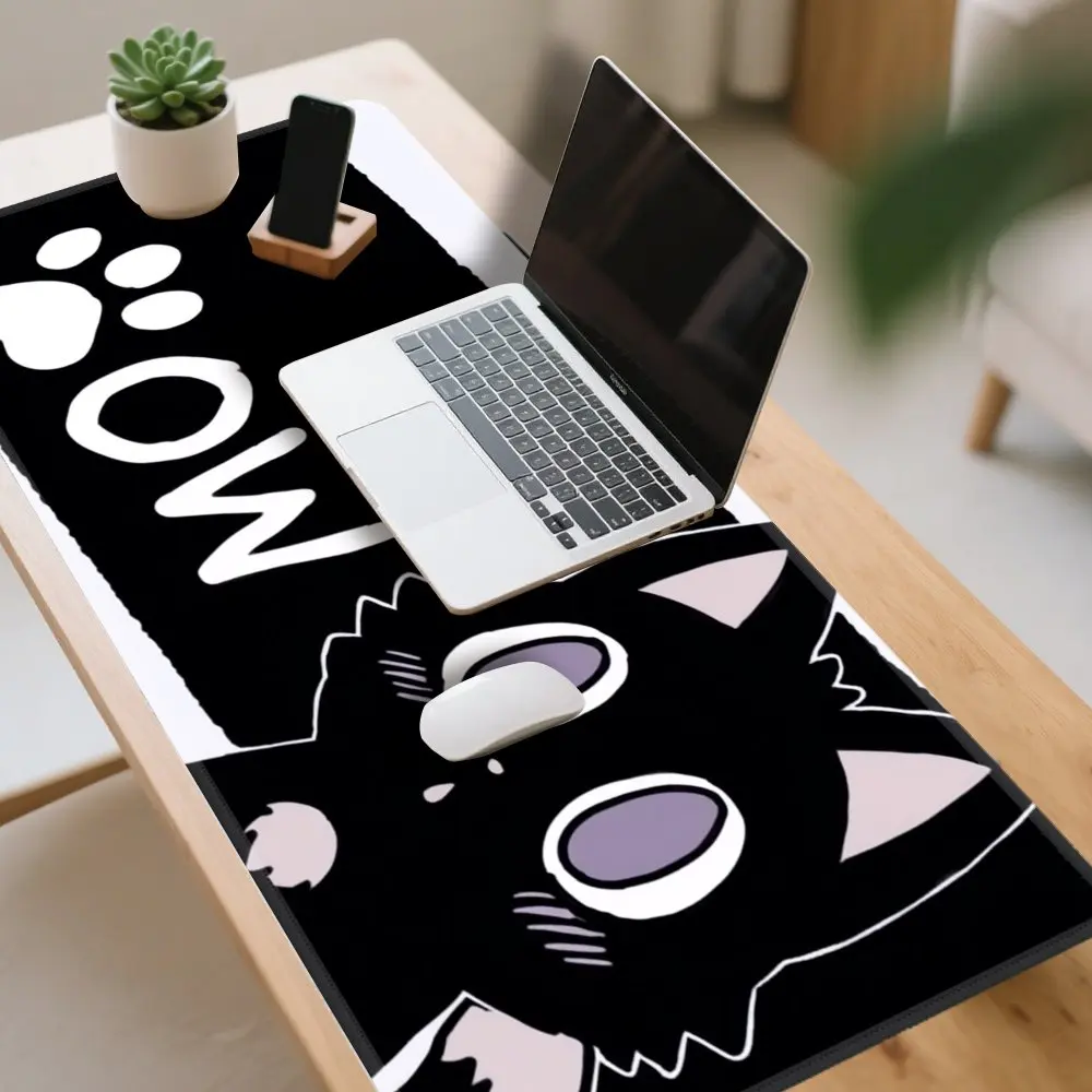XXL Schwarzes Katzen-Gaming-Mauspad, 2D Flaches Rutschfestes Gummi-Mauspad mit Genähtem Rand, Große Schreibtischunterlage für PC-Gamer und Büro, Kawaii Tastaturunterlage
