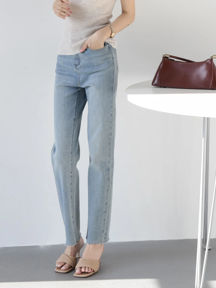 Hochgeschnittene Gerade Schlankmachende Jeans für Damen, Elastische Lässige Zigarettenhose aus Baumwoll-Stretch-Denim, Herbst-Neuheit