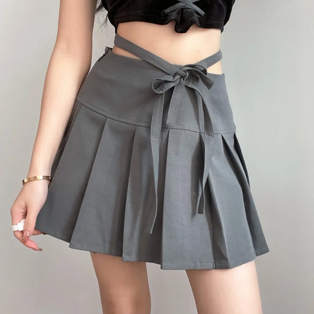 

Women's High-Waisted Lace-Up Embroidered Pleated A-Line Skirt European Preppy Style Early Spring New Ins Sexy Buttocks Skirt