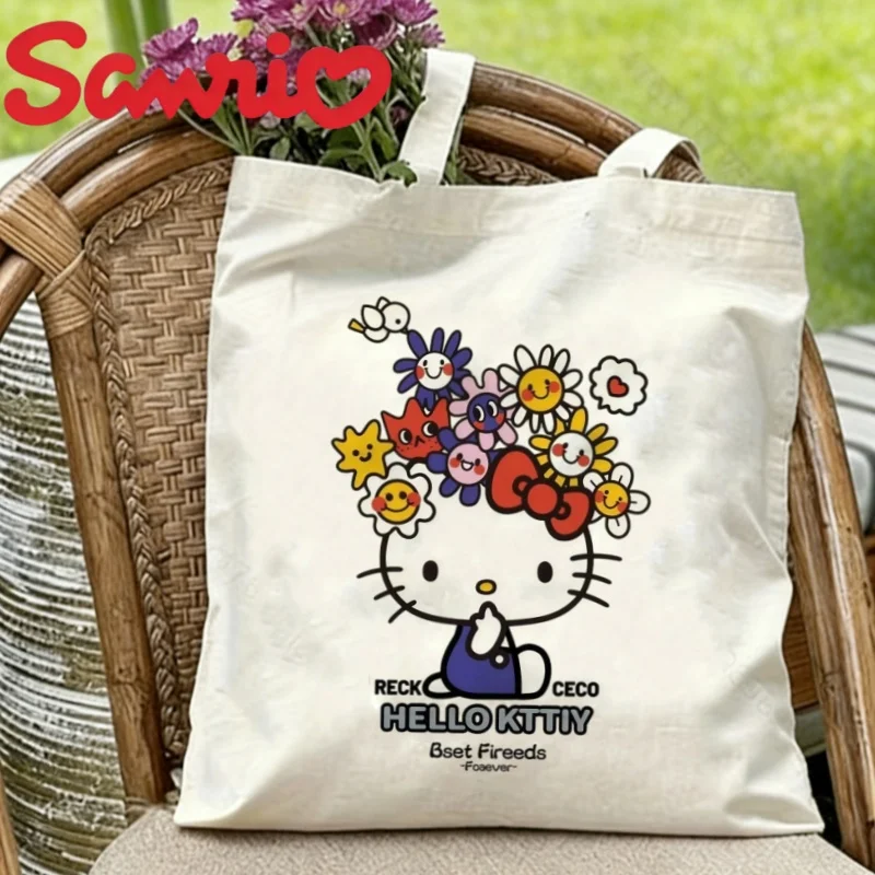 

1PC Cute Sanrio Kitty with Flowers Print Canvas Tote Casual Shopper Bag