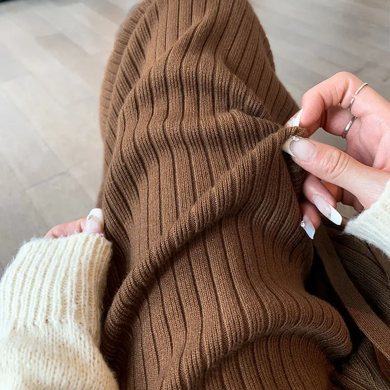 

Универсальные однотонные вязаные широкие брюки, женские осенне-зимние прямые брюки с высокой талией и драпировкой длиной до пола, CQ106