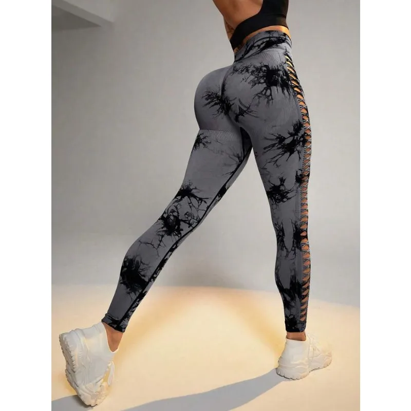 Calça de ioga feminina oca lateral, calça fitness de cintura alta, calça skinny tie dye, moda esportiva feminina