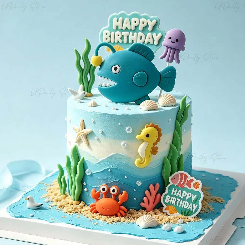 10/18 Stück Ozean-Tierfiguren zur Kuchendekoration: Hai, Tintenfisch, Koralle, Seegras für Unterwasser-Geburtstagstorten – Detail 4