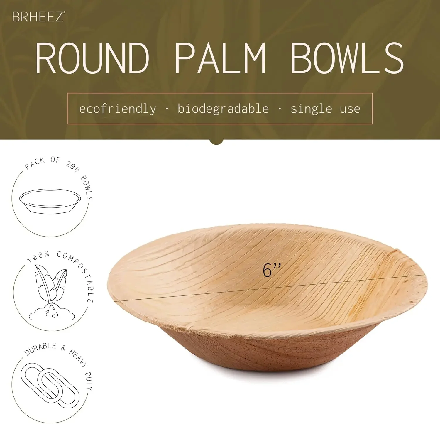 brheez Palm Leaf Bowls 6 inch 200 Pack - Eco Friendly, Compostable & Biodegradable – Elegant Bamboo Look Disposable Bowls are