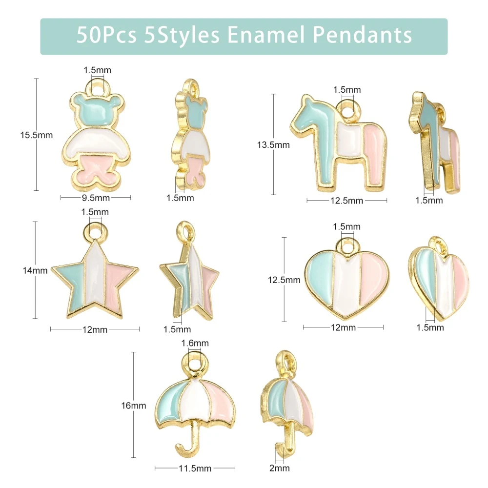 PandaHall  50 Pcs 5 Styles Rainbow Pastel Colored Enamel Bear Horse Heart Umbrella Star Charms for Jewelry Making