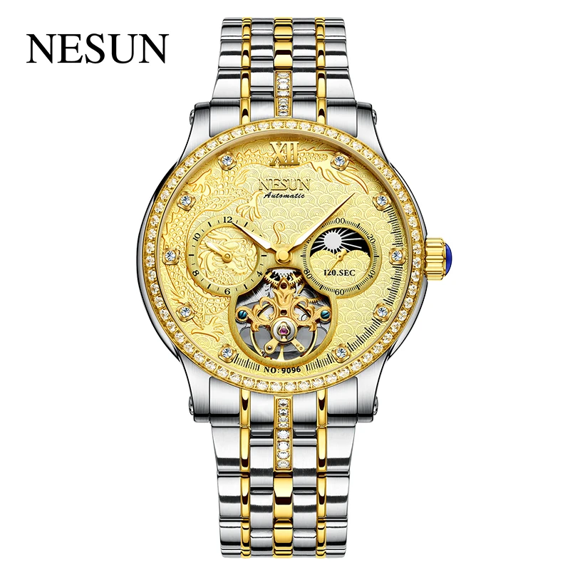 Switzerland Nesun For Men Skeleton Automatic Watch Casual Wristwatch 100m Waterproof Mechanical Rhinstone Diamond Reloj Hombre