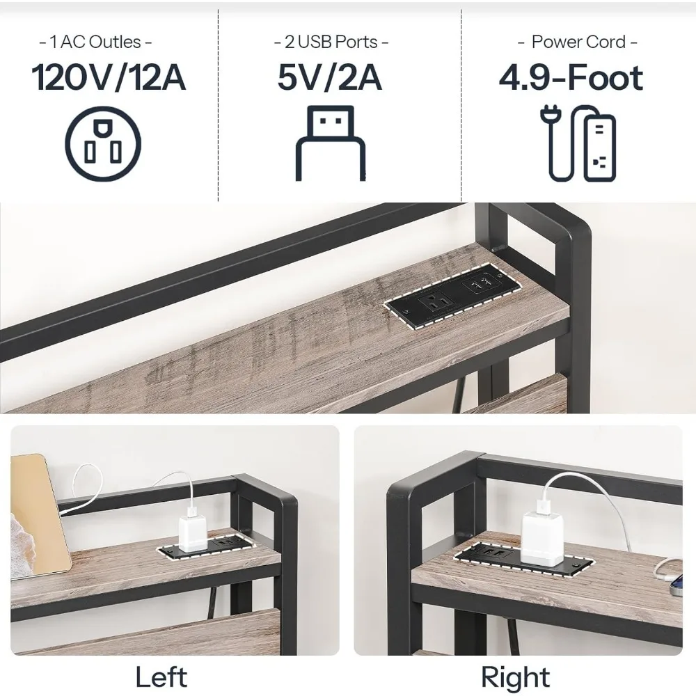 Полноразмерное изголовье, изголовье с 2 розетками и 4 USB-портами, стеллаж для хранения с регулируемой высотой, прочный и стабильный, серый и черный