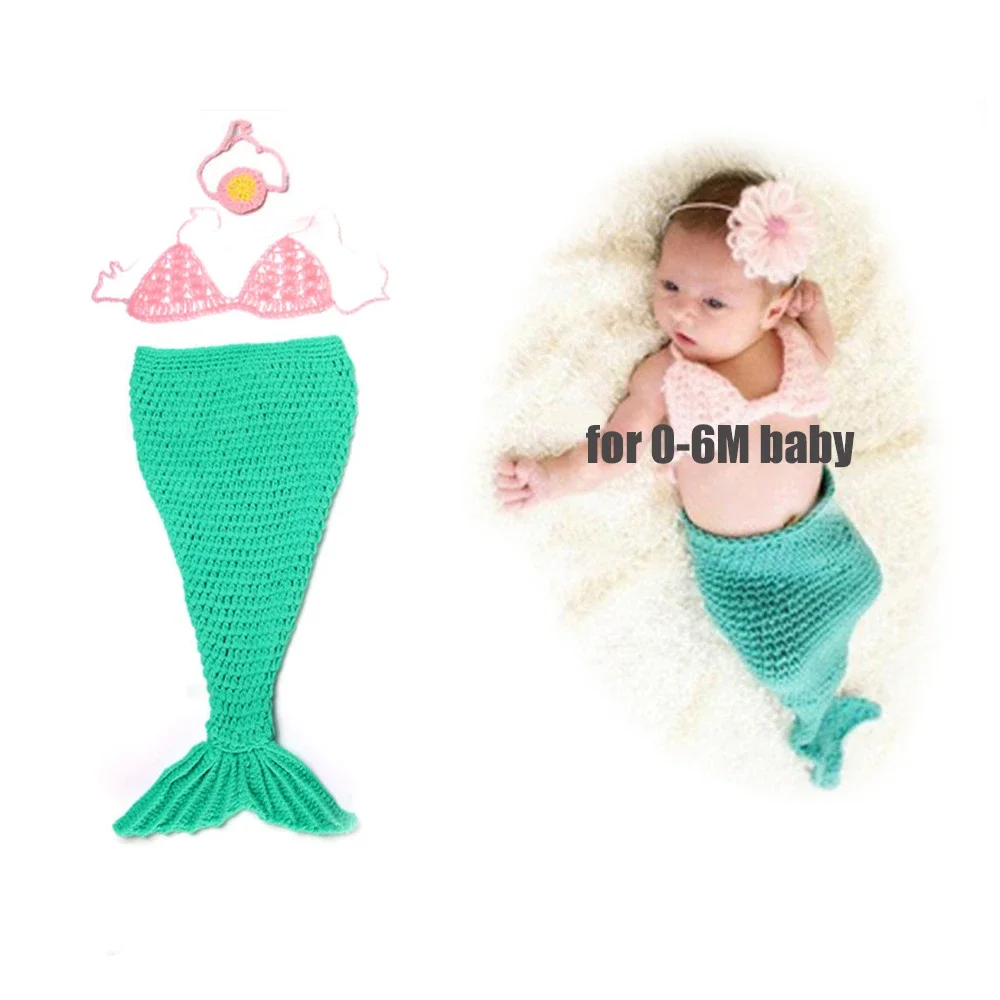 Newborn Photography Props Baby 0-3M Outfits Girls New 2021 Costume Boy Toddlers Kids Handmade Headband Crochet Mermaid Tail Set