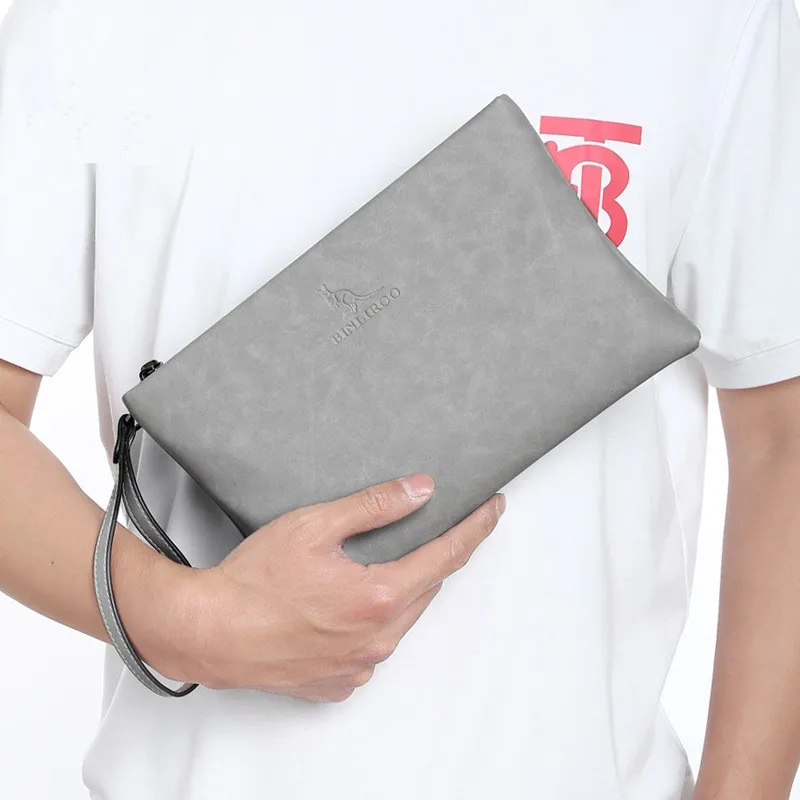 Cowhide Envelope Wallet Moneybag Men\'s Soft Leather Bag Handbag Large Capacity Multi Card Holders Business Leisure Letter Gray