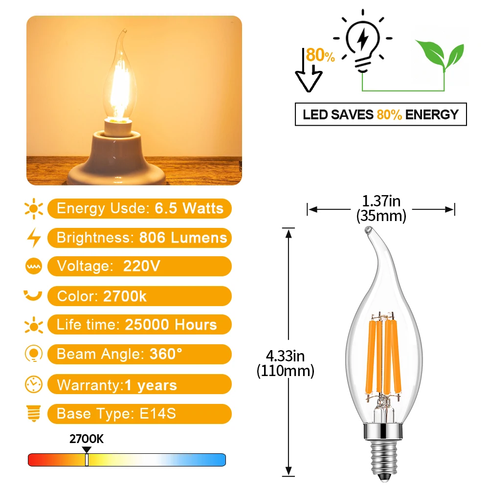 2pcs E14 Chandelier Bulb Vintage Filament 6W 220V LED Candle Bulbs for Living Dining Room Warm White 806LM 600LM High Lumen Lamp