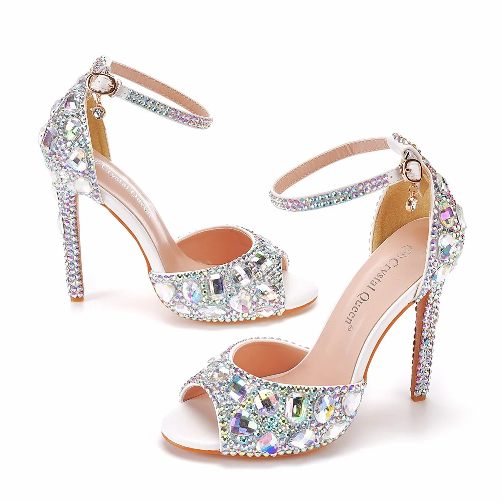 

Korean Style Fish Mouth High Heels Sandals Wedding Shoes Water Diamond Large Size Slip-On Summer Cool Shoes for Women