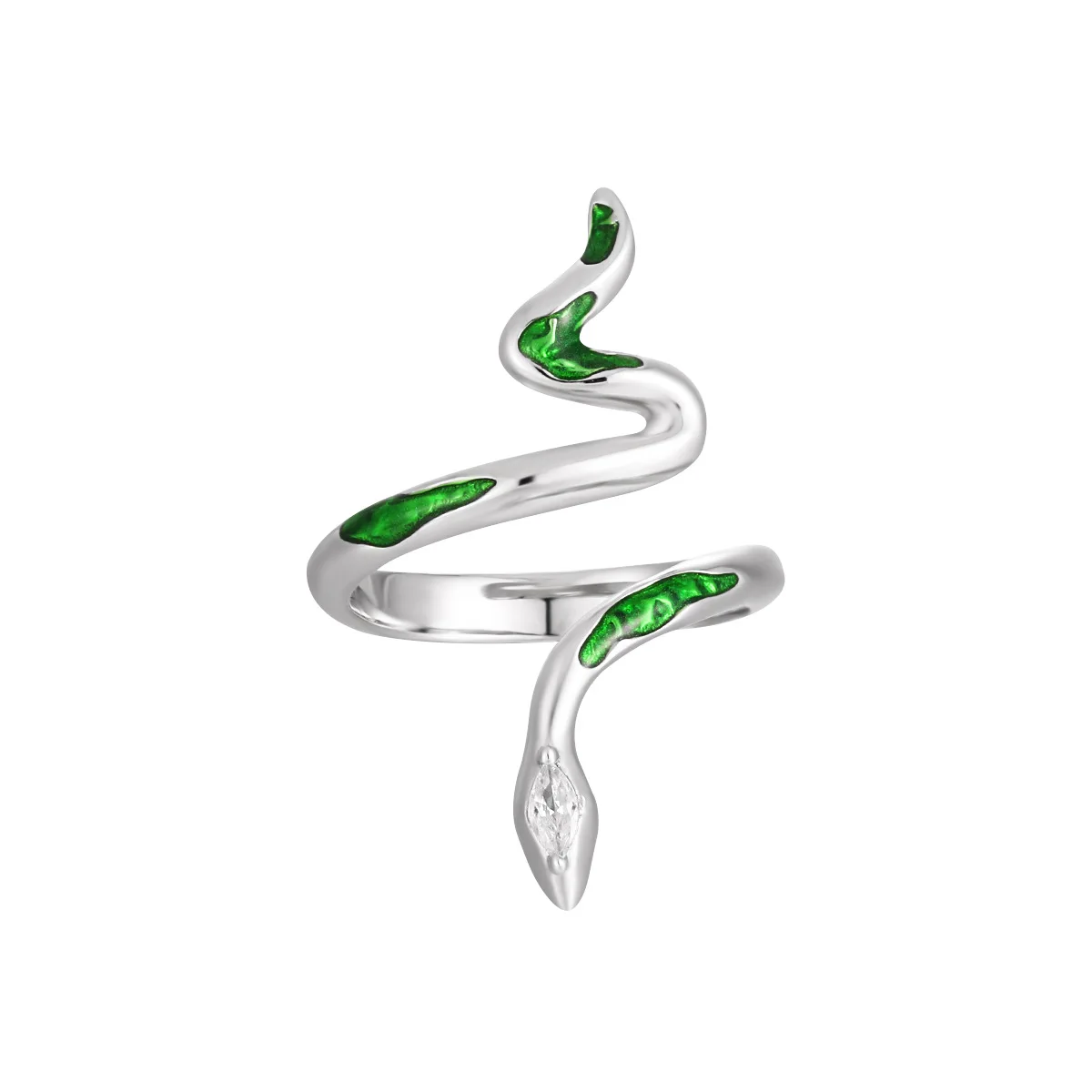 

925 Sterling Silver Snake Open Ring with Green Resin Inlay and Zircon Eyes Adjustable Animal Jewelry for Women Statement Style