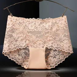 Women Sexy Hollow Transparent Lace Middle Waist Panties High Elasticity Breathable Seamless Underwear Elegant Flower Breifs