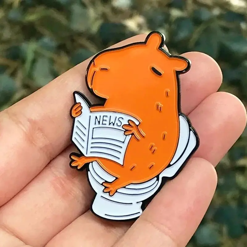 Funny Capybara Enamel Brooch Cute Animal Capybara Reading the Newspaper and Going to the Toilet Enamel Pin Badge