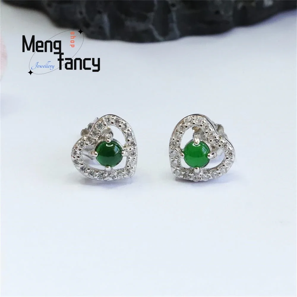 

S925 Silver Inlaid Natural Jadeite Ice Green Egg Earrings Exquisite Elegant Simple High-grade Sexy Young Girls Fashion Jewelry