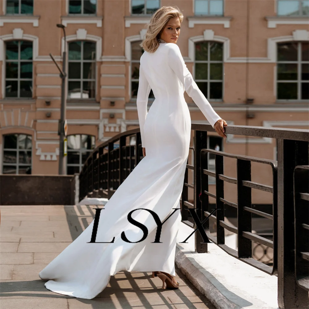 LSYX Deep V-Neck Off-Shoulder Long Sleeves Pleats Simple Mermaid Wedding Dress Zipper Back High Slit  Floor Length Bridal Gown