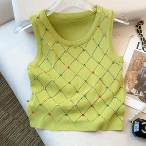 Colorful female tank top rhinestones, sleeve -free short top, casual round collar, summer clothes, camis 10 Main sales blouse Rhinests - №3