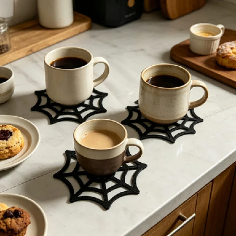 2pcs Gothic Spider Web Coaster 3D Printed Hollow Out Cup Mat Drink Coaster Tabletop Home Halloween TableDecor Drink Coaster Gift