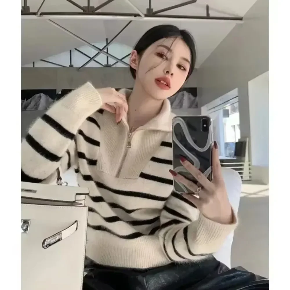 Sweter rajut wanita, Sweater rajut wanita, kerah Turn-down, kasual, ukuran besar, Sweater rajut, Turtleneck longgar, tebal, jatuh, sweter ritsleting, untuk wanita