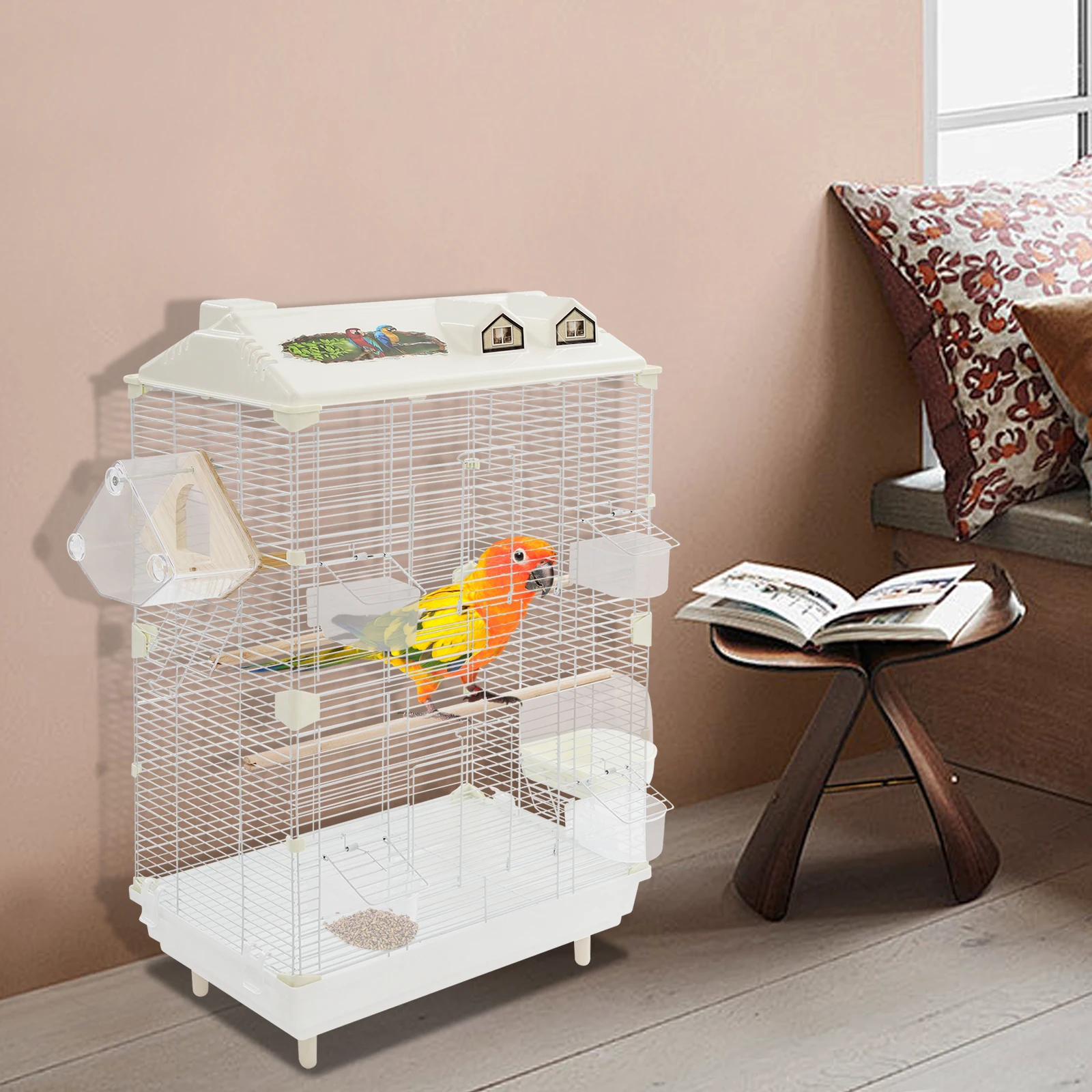 

Двухслойная клетка для птиц в британском стиле (белая) для 3-4 птиц среднего и малого размера, отдельно стоящая летная клетка с двойной дверью