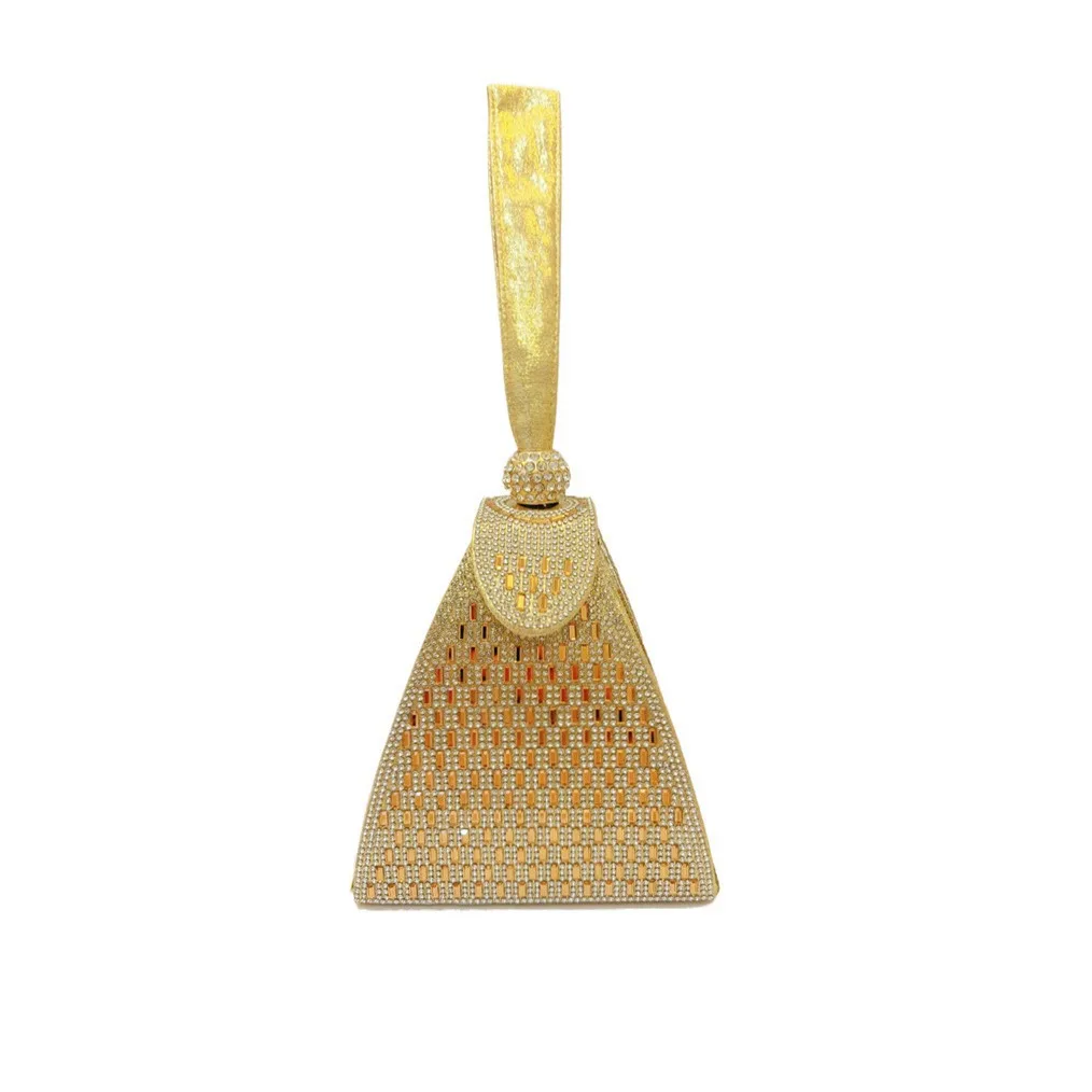 2026 Pyramid Shape Gold Silver Grid Full Rhinestone Flip Frame Mini Clutch Women Fashion Evening Bag For Runway Wedding Banquet