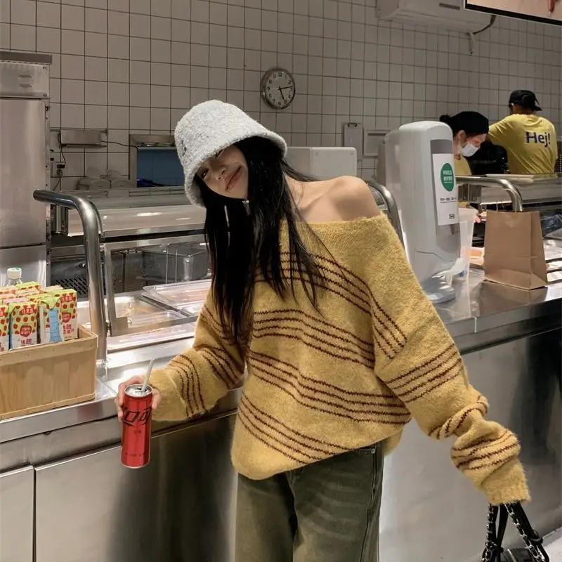 

Women Clothing Vintage All-match Striped Knit Pullovers Autumn Winter New Casual Loose Slash Neck Long Sleeve Sweaters Lady Tops
