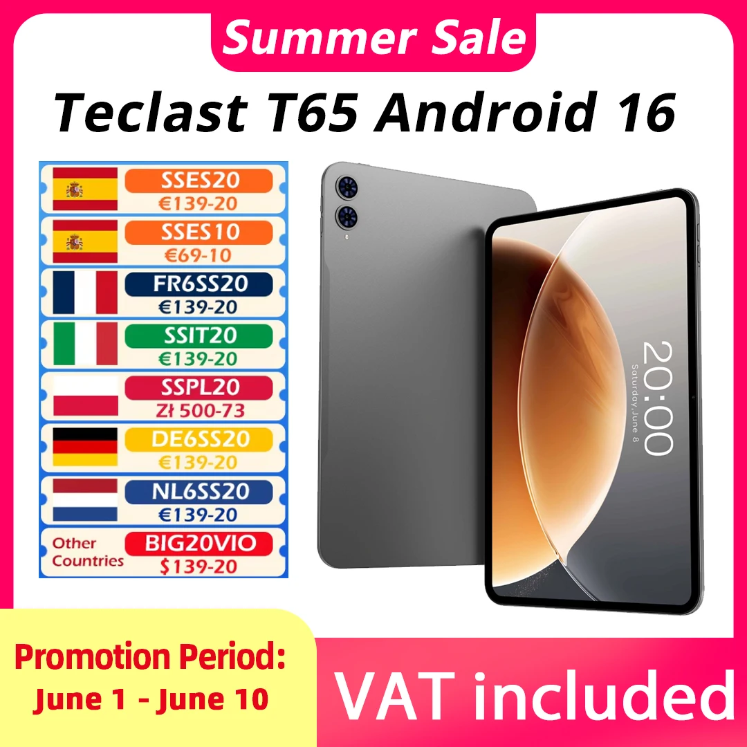 Tablette Teclast Android 16 T65 13,4 pouces 26 Go de RAM (6 Go + 20 Go) 256 Go de ROM 120 Hz 1920x120 IPS T7280 8 cœurs 4G LTE 8000 mAh Type-C GPS 13 MP