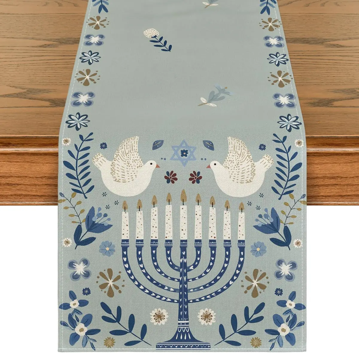 Hanukkah Menorah Doves Candle Olives Table Runner Jewish Holiday Decor Chanukah Kitchen Dining Table Runner Party Decor