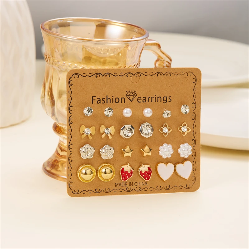 12 Pairs/Set Rose Moon Star Heart Stud Earrings for Girls Women Trendy Colorful Butterfly Dog Geometry Jewelry Pierced Gifts